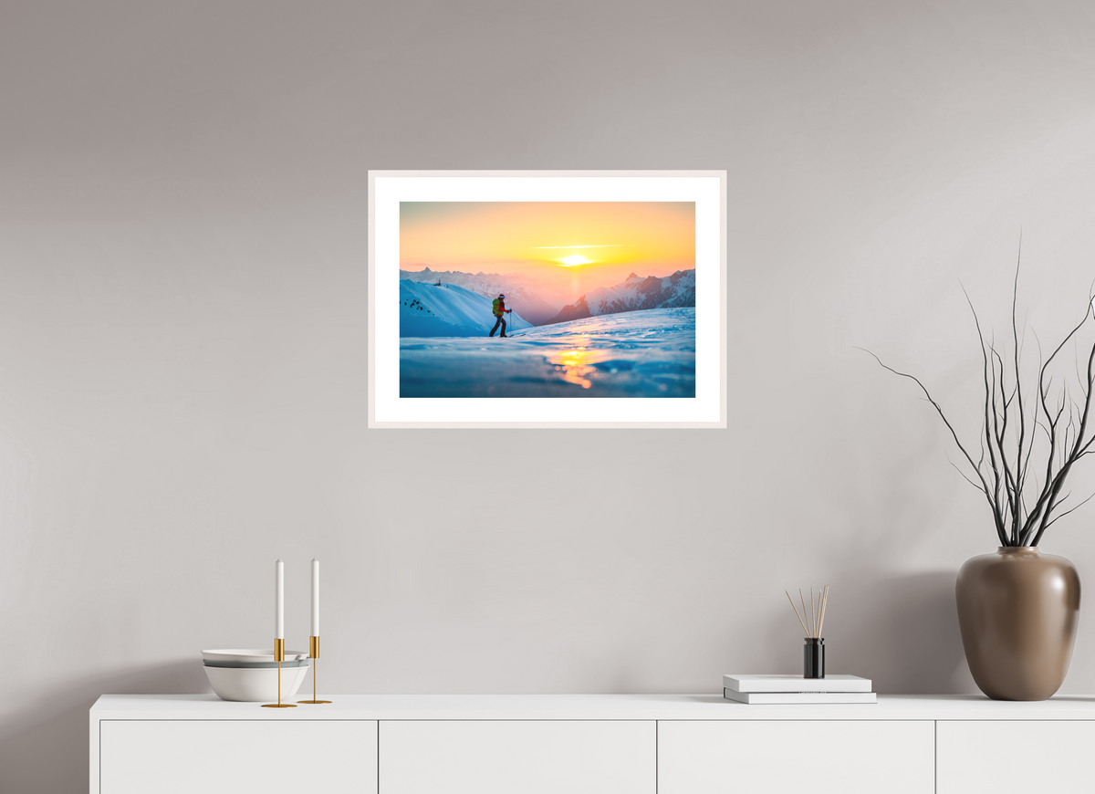 60 x 40 cm, Rahmen-Weiß Ski Tour Sunset, Stuben Arlberg
