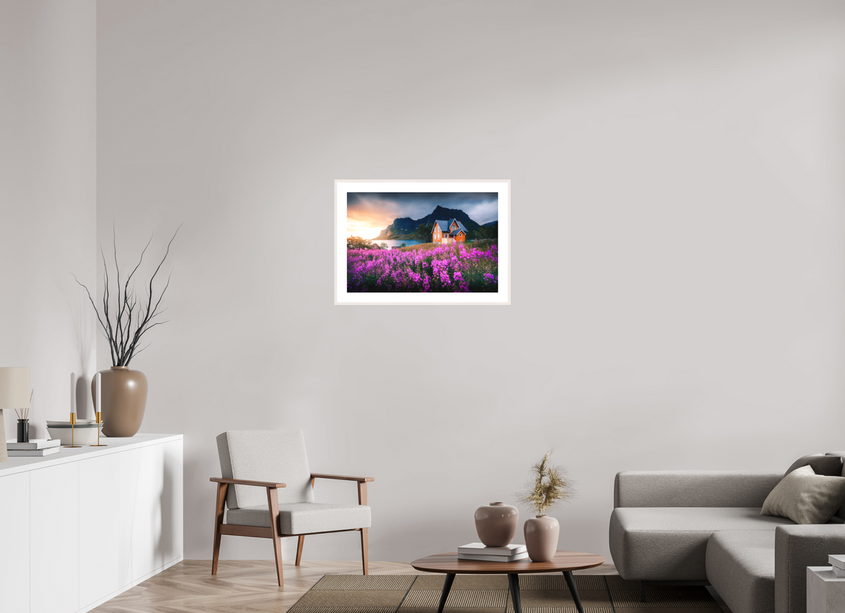 75 x 50 cm, Rahmen-Weiß Orange House with Flowers, Lofoten