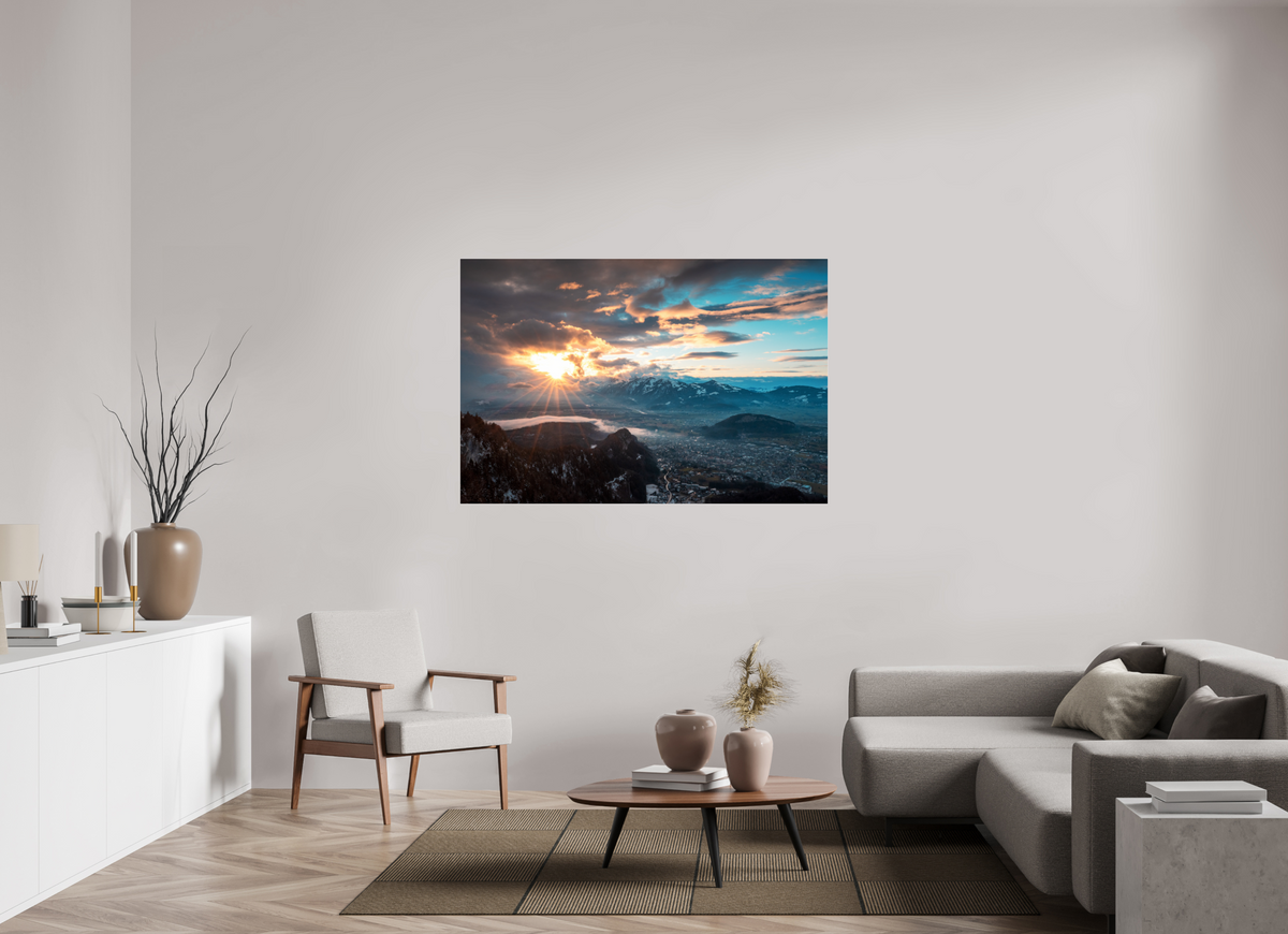 150 x 100 cm, Photo Print Under Acrylic Glass Rhine Valley Winter Sunset, Vorarlberg