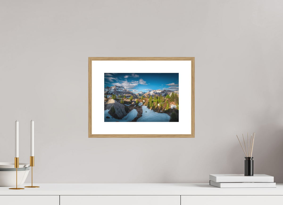 30 x 20 cm, Rahmen-Holzoptik Spring Panorama With the Biberkopf, Lech