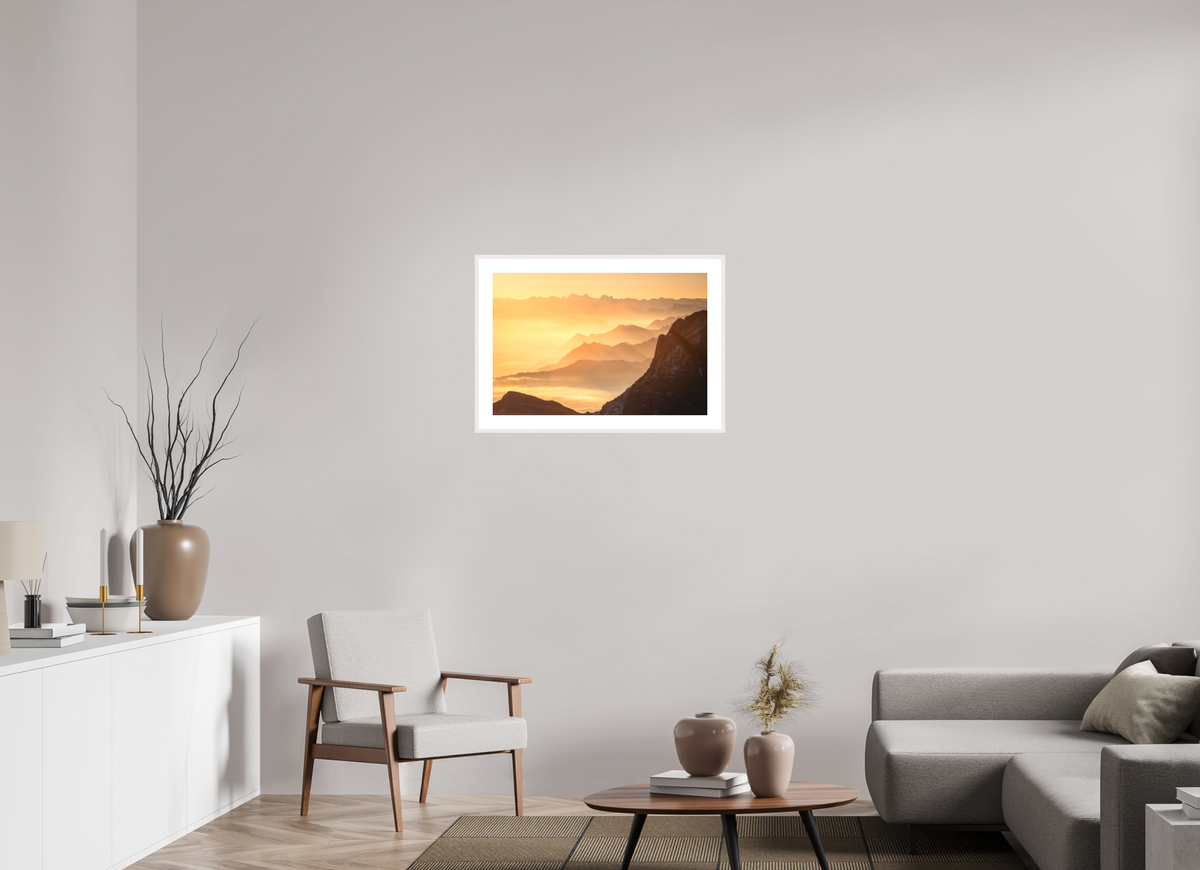 75 x 50 cm, Rahmen-Weiß Säntis Hazy Sunrise Layers, Switzerland