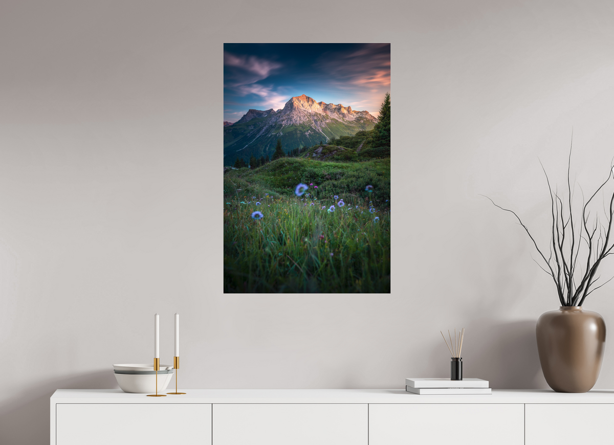 60 x 90 cm, Photo Print Under Acrylic Glass Omeshorn Sunset, Lech Austria