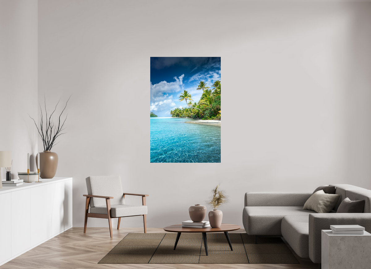 100 x 150 cm, Photo Print Under Acrylic Glass Palm Coast, Aitutaki Lagoon