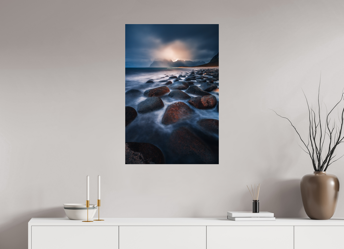 60 x 90 cm, Photo Print Under Acrylic Glass Rocky Beach at Sunset, Lofoten