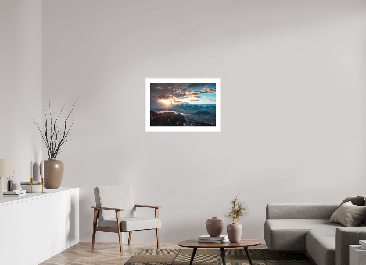 75 x 50 cm, Rahmen-Weiß Rhine Valley Winter Sunset, Vorarlberg