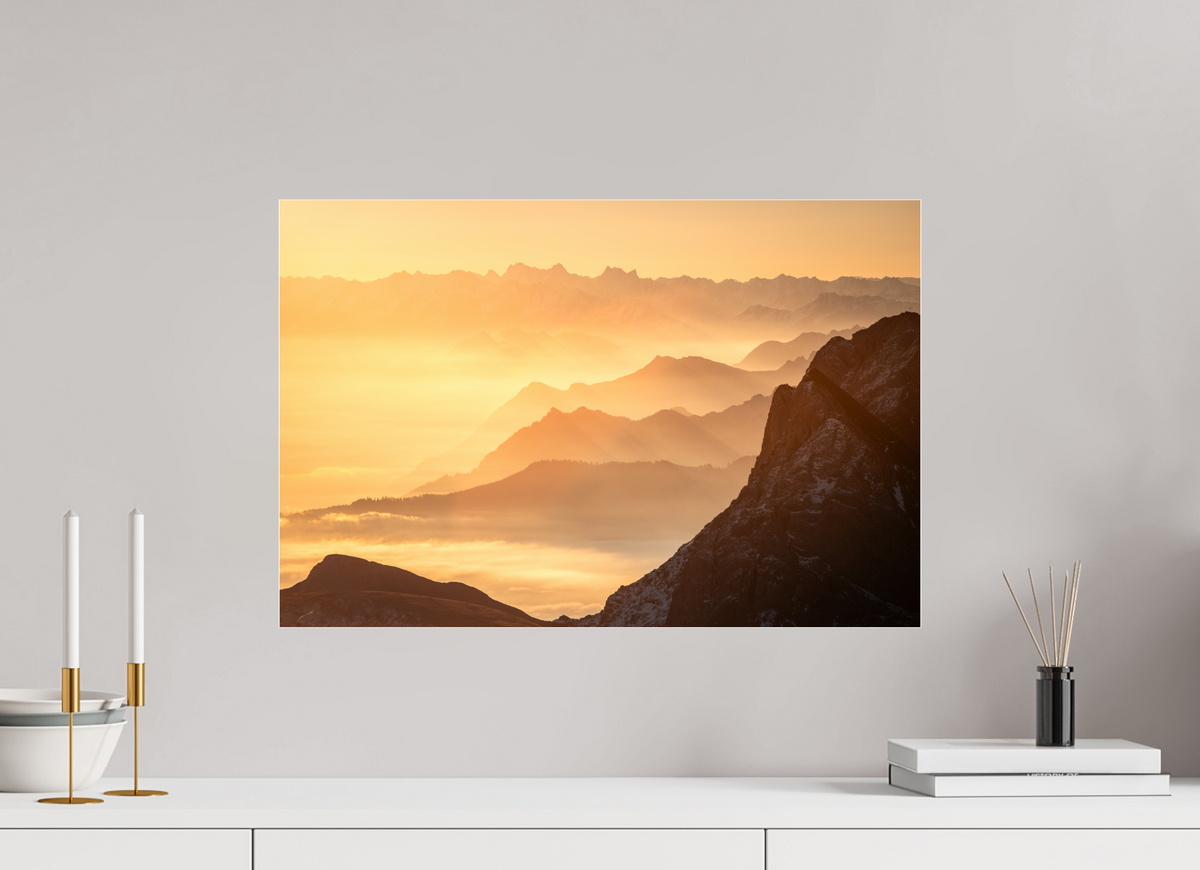 60 x 40 cm, Photo Print Under Acrylic Glass Säntis Hazy Sunrise Layers, Switzerland