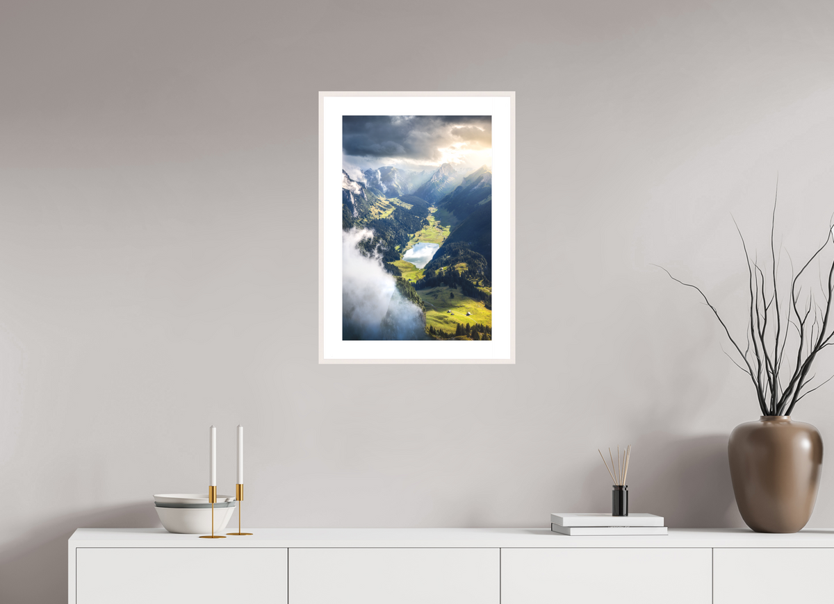 40 x 60 cm, Rahmen-Weiß Alpine Valley and Lake, Hoher Kasten
