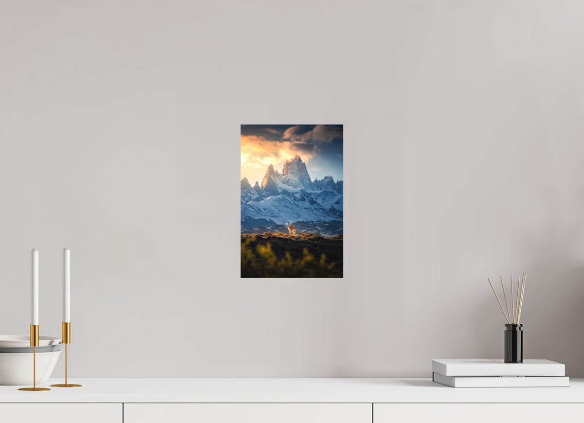 Guanaco below Fitz Roy in Golden Light, Patagonia, 20 x 30 cm, paper print