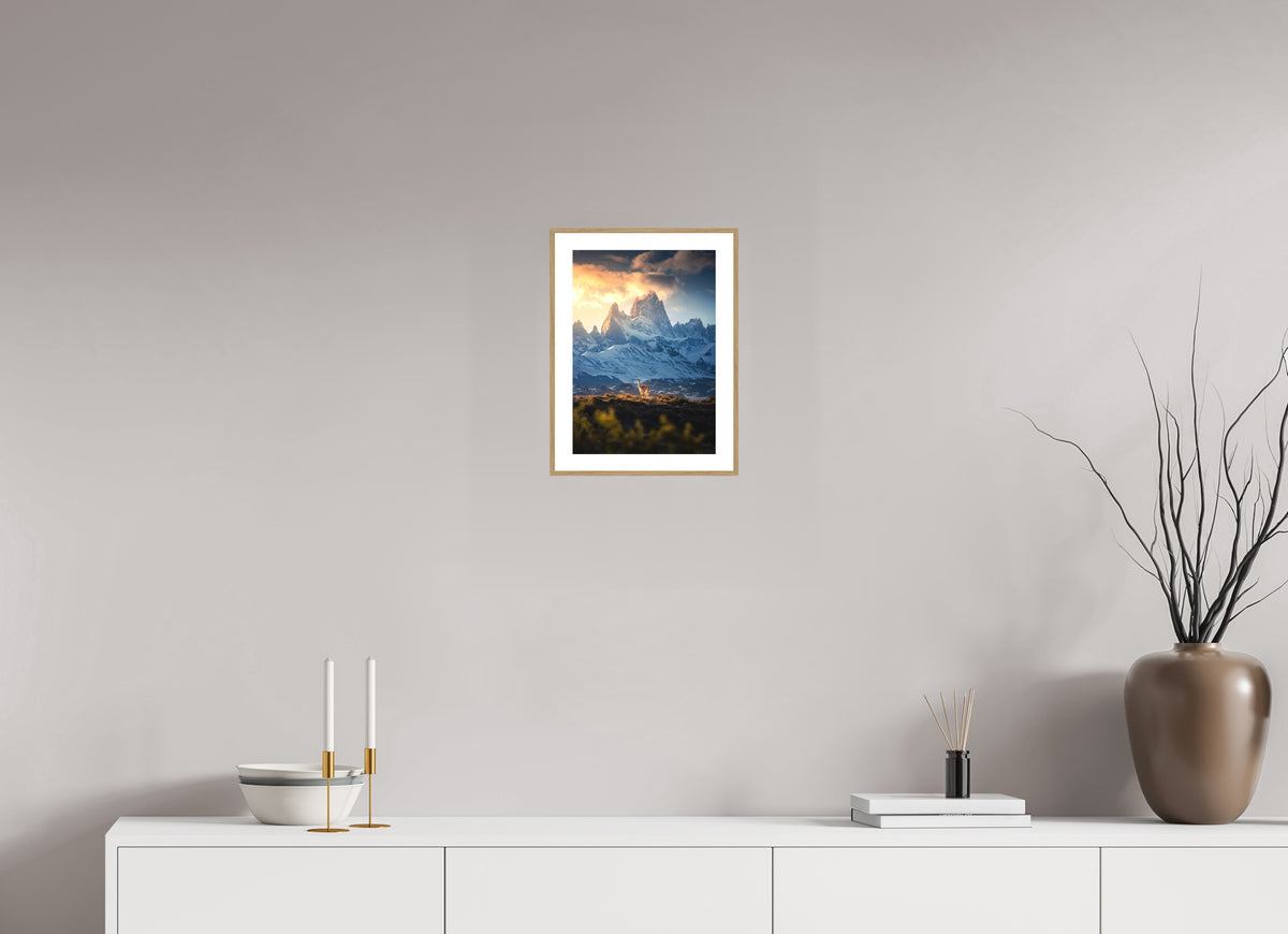 Guanaco below Fitz Roy in Golden Light, Patagonia, 20 x 30 cm, framed Holzoptik
