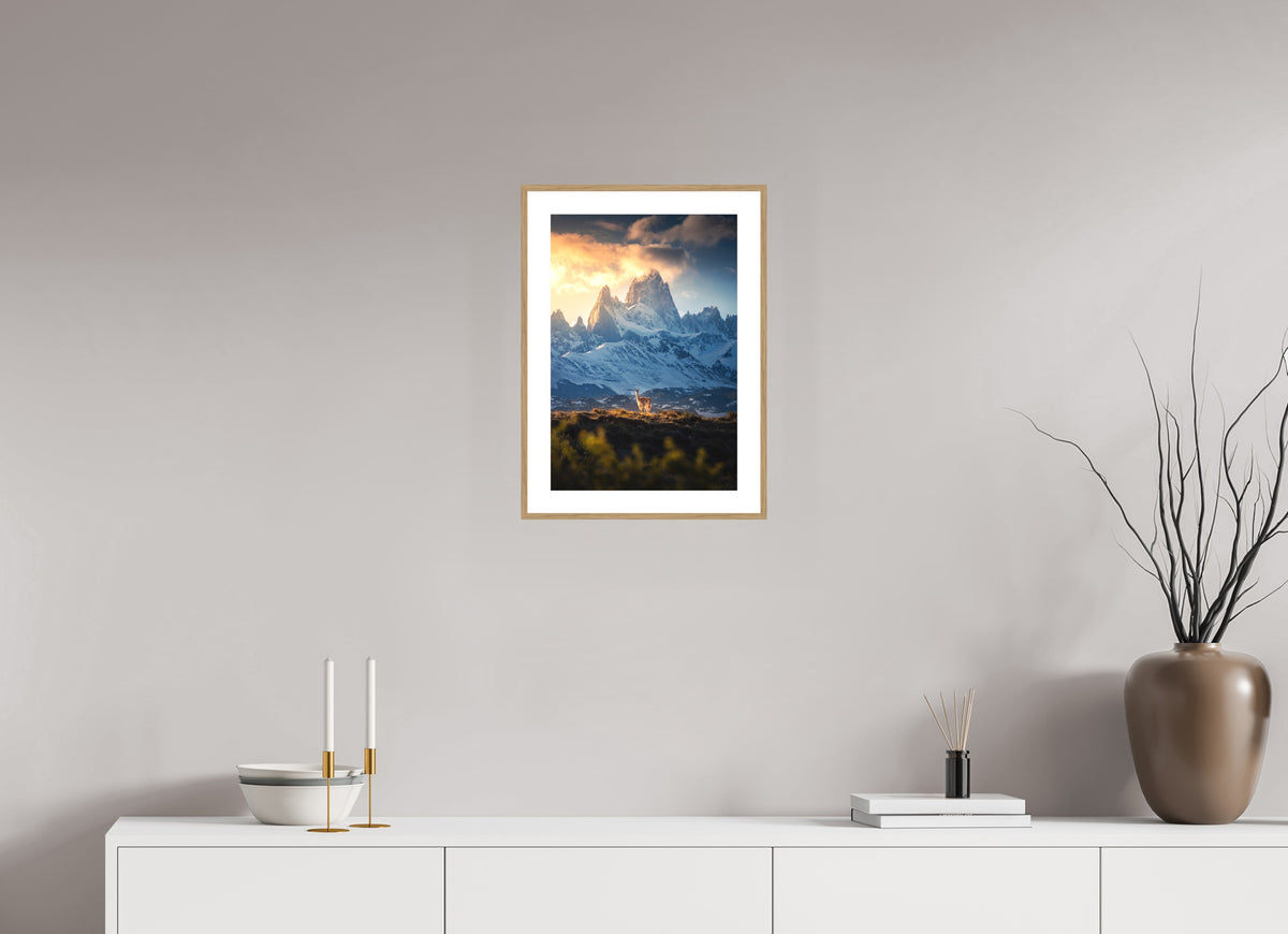 Guanaco below Fitz Roy in Golden Light, Patagonia, 30 x 45 cm, framed Holzoptik