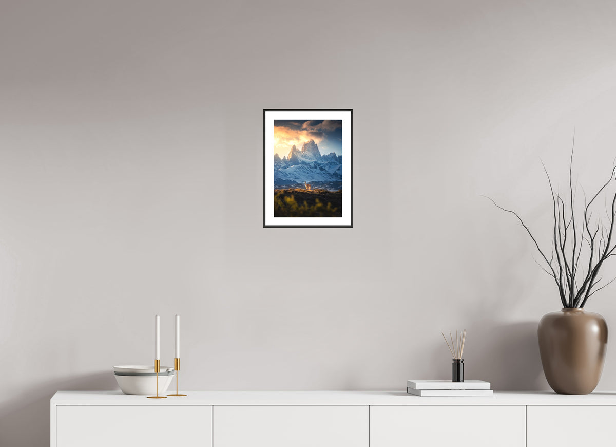 Guanaco below Fitz Roy in Golden Light, Patagonia, 20 x 30 cm, framed Schwarz