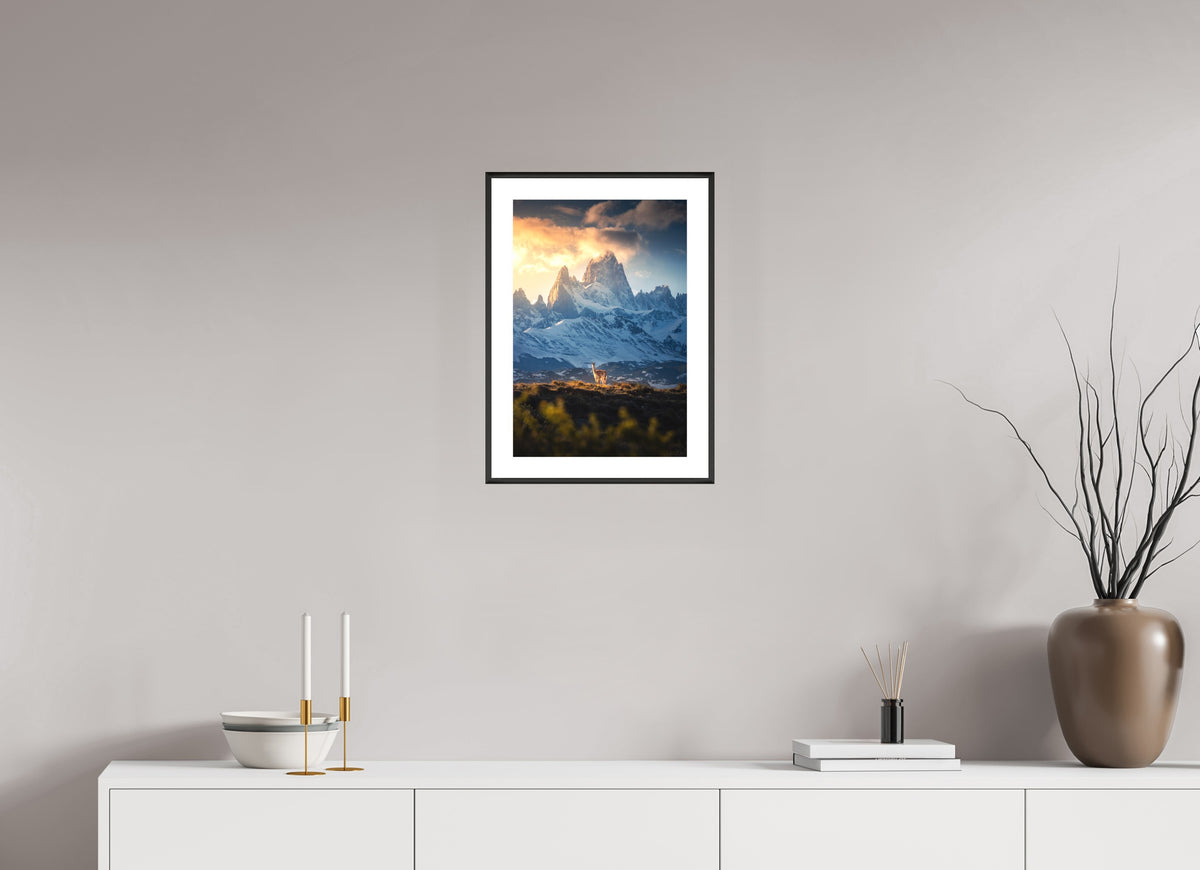 Guanaco below Fitz Roy in Golden Light, Patagonia, 30 x 45 cm, framed Schwarz