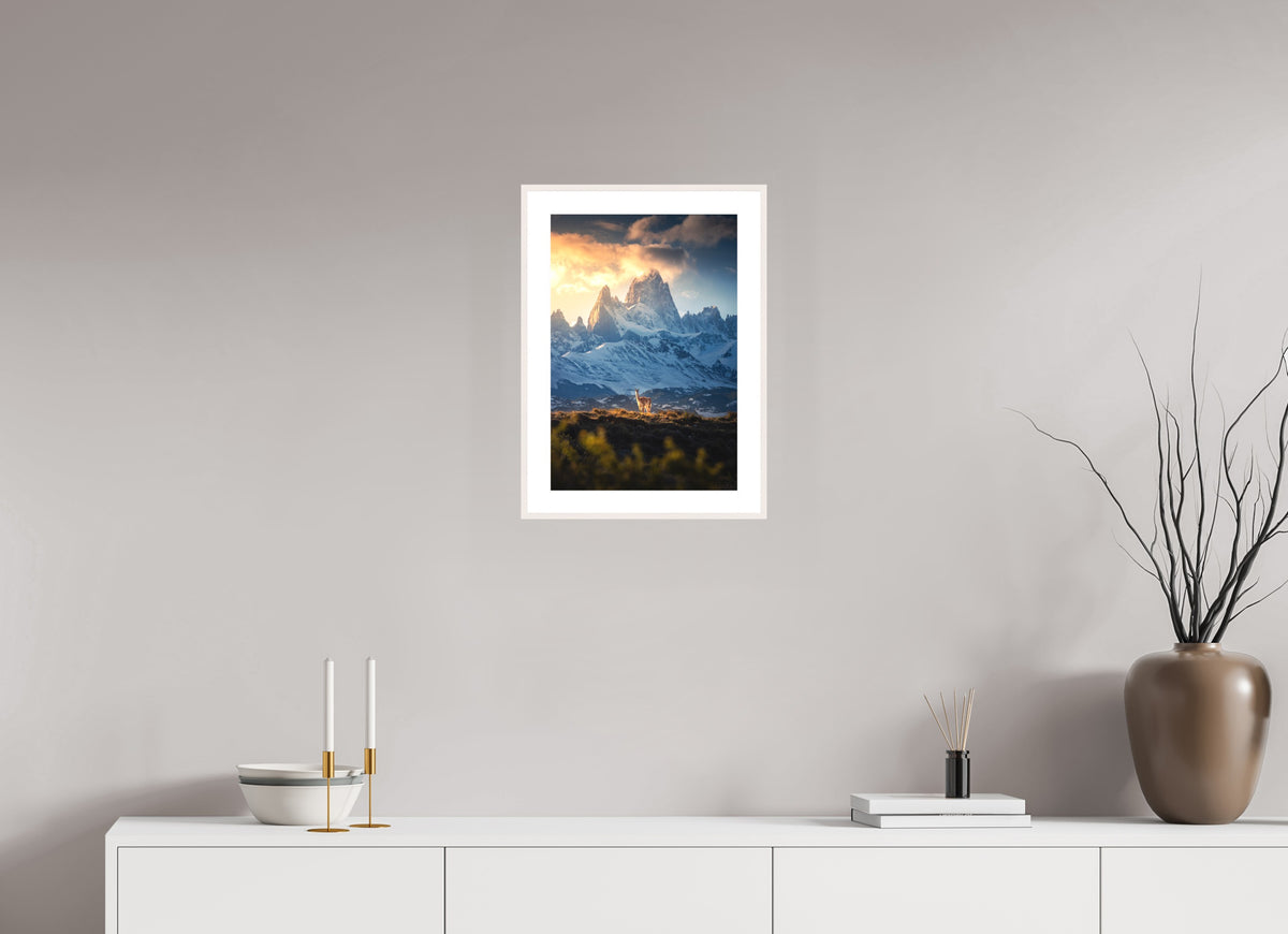 Guanaco below Fitz Roy in Golden Light, Patagonia, 30 x 45 cm, framed Weiß