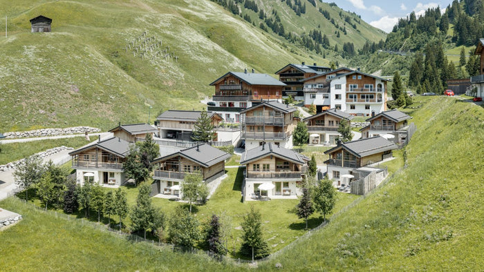 Aerial view of a chalet village on a green alpine slope in summer