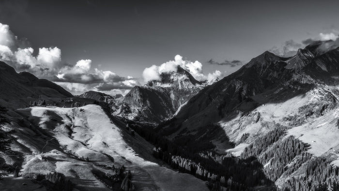Black and white alpine valley with huts, forest and a pointed peak