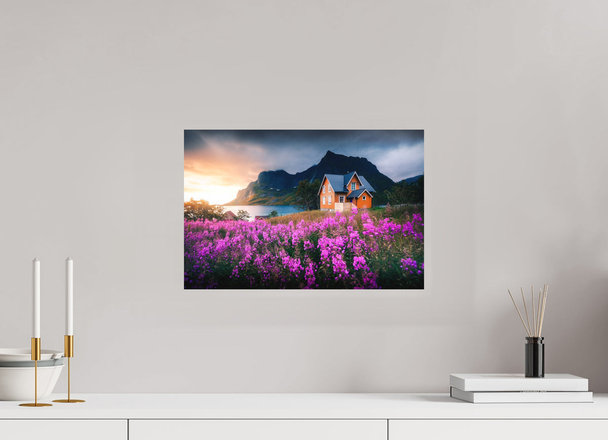 Orange House with Flowers, Lofoten, 45 x 30 cm, paper print