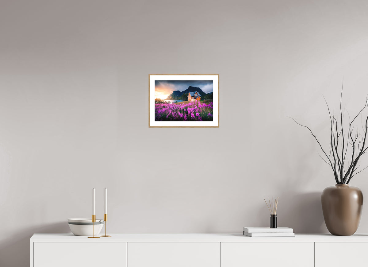 Orange House with Flowers, Lofoten, 30 x 20 cm, framed Holzoptik
