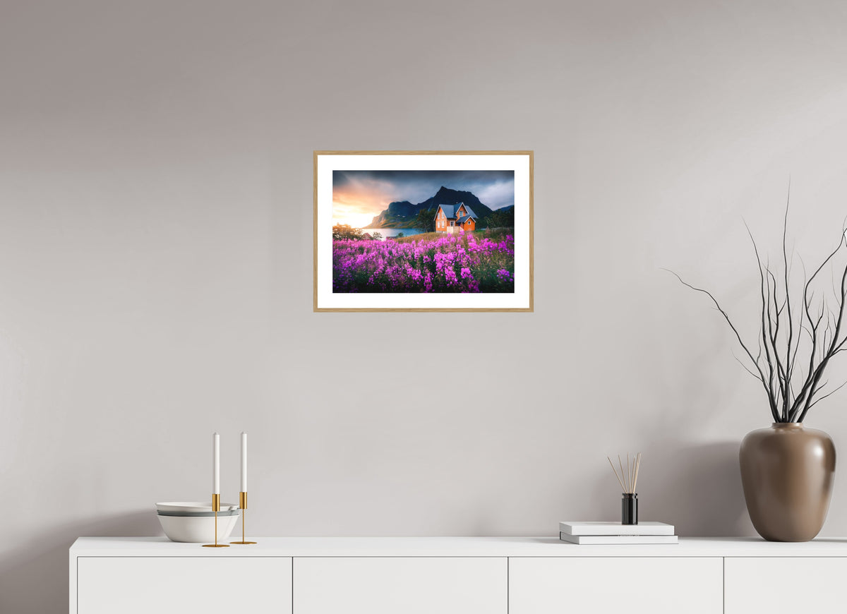 Orange House with Flowers, Lofoten, 45 x 30 cm, framed Holzoptik