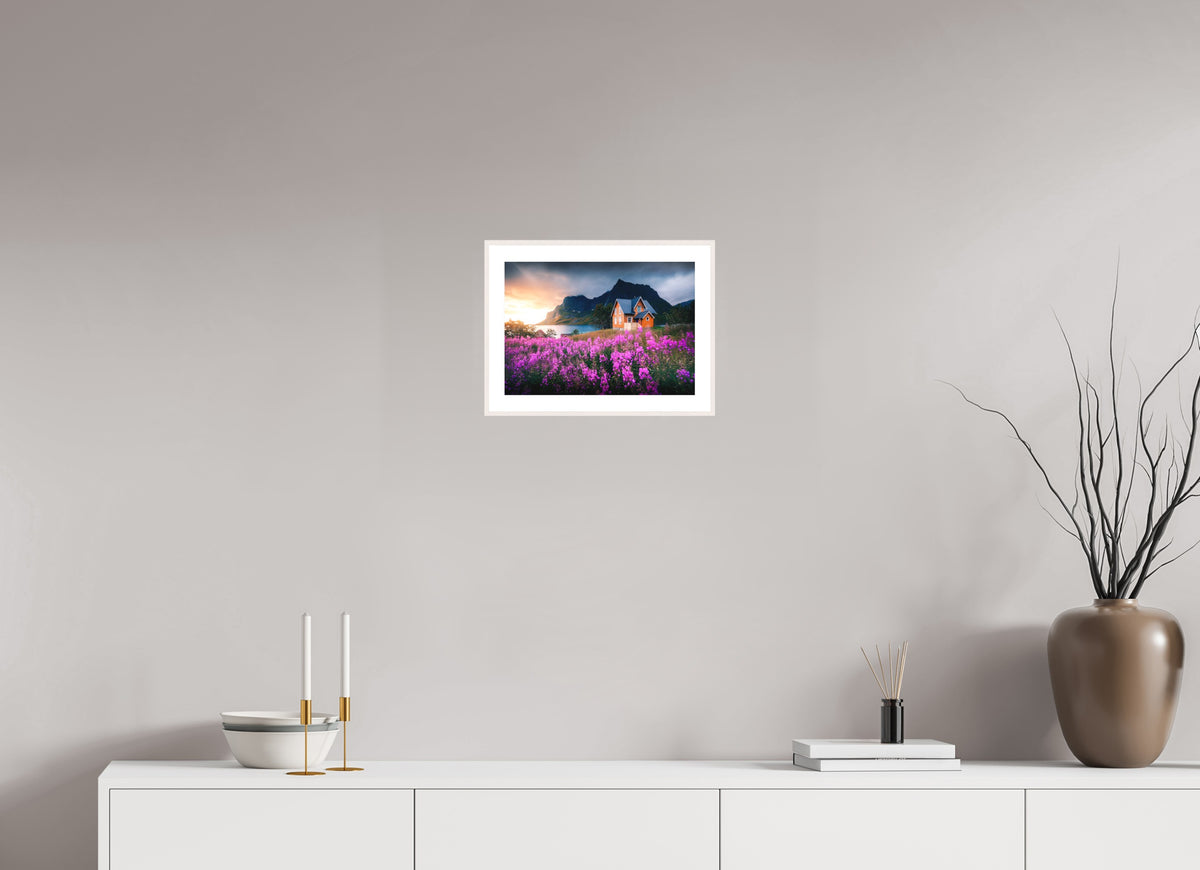 Orange House with Flowers, Lofoten, 30 x 20 cm, framed Weiß