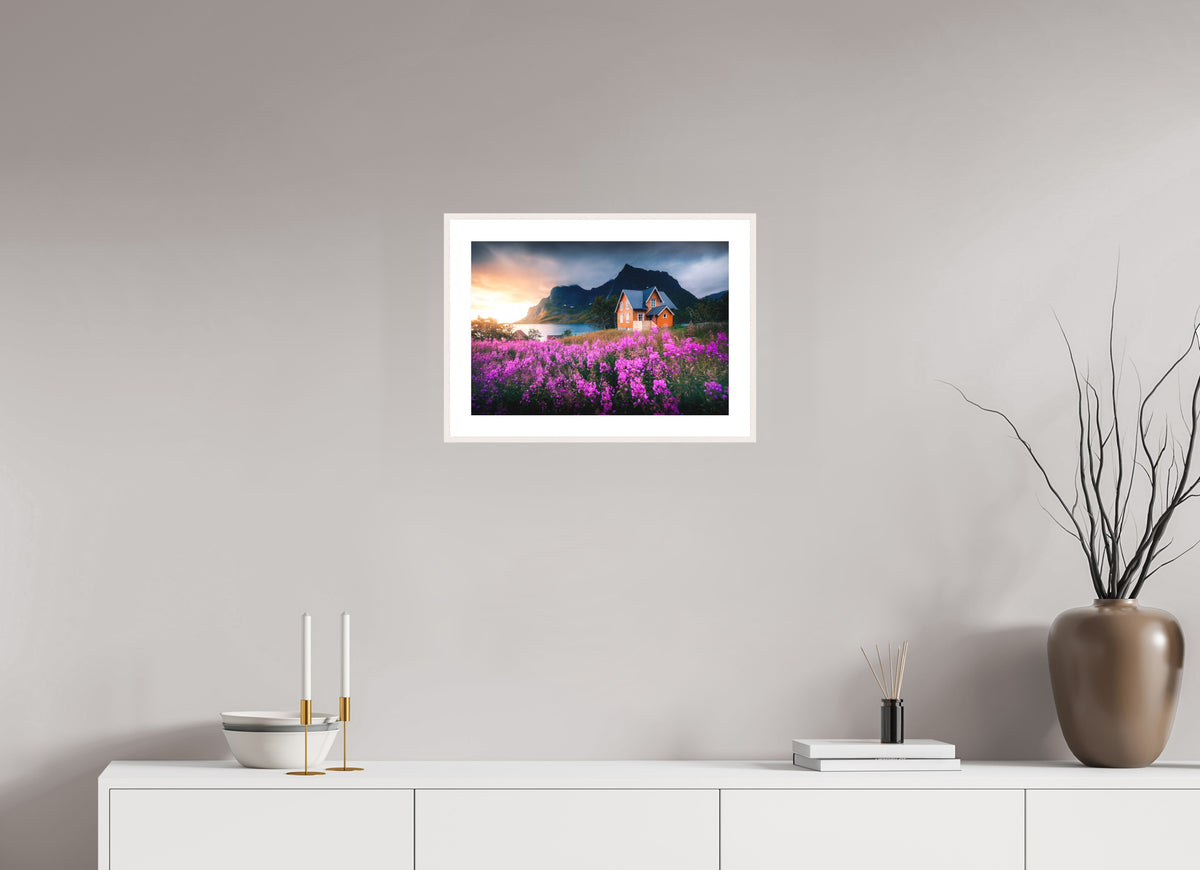 Orange House with Flowers, Lofoten, 45 x 30 cm, framed Weiß