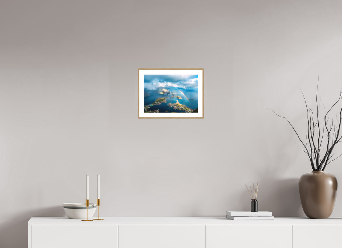 Rainbow over Reinebringen, Lofoten, 30 x 20 cm, framed Holzoptik