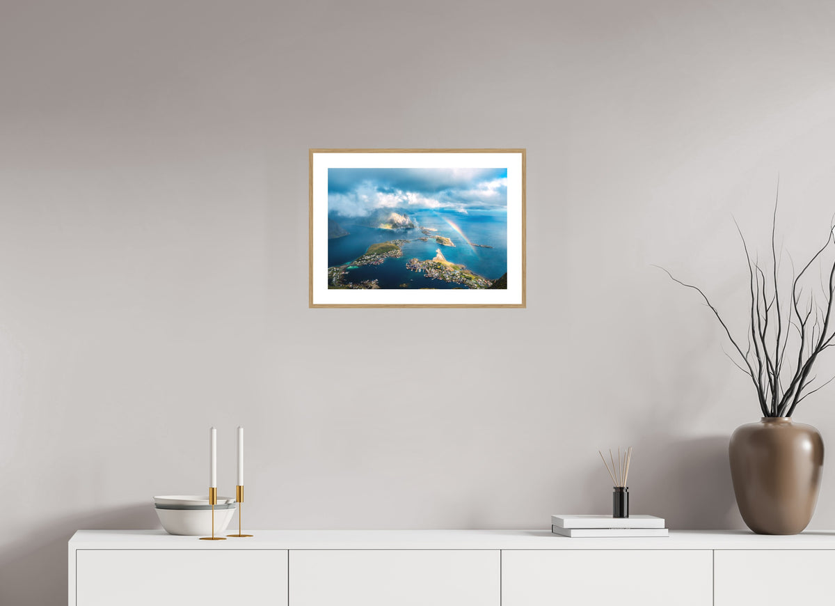 Rainbow over Reinebringen, Lofoten, 45 x 30 cm, framed Holzoptik
