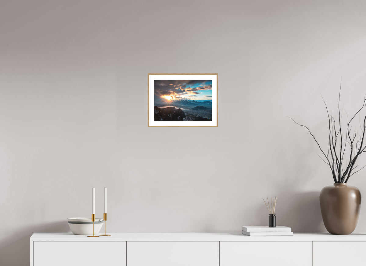 Rhine Valley Winter Sunset, Vorarlberg, 30 x 20 cm, framed Holzoptik