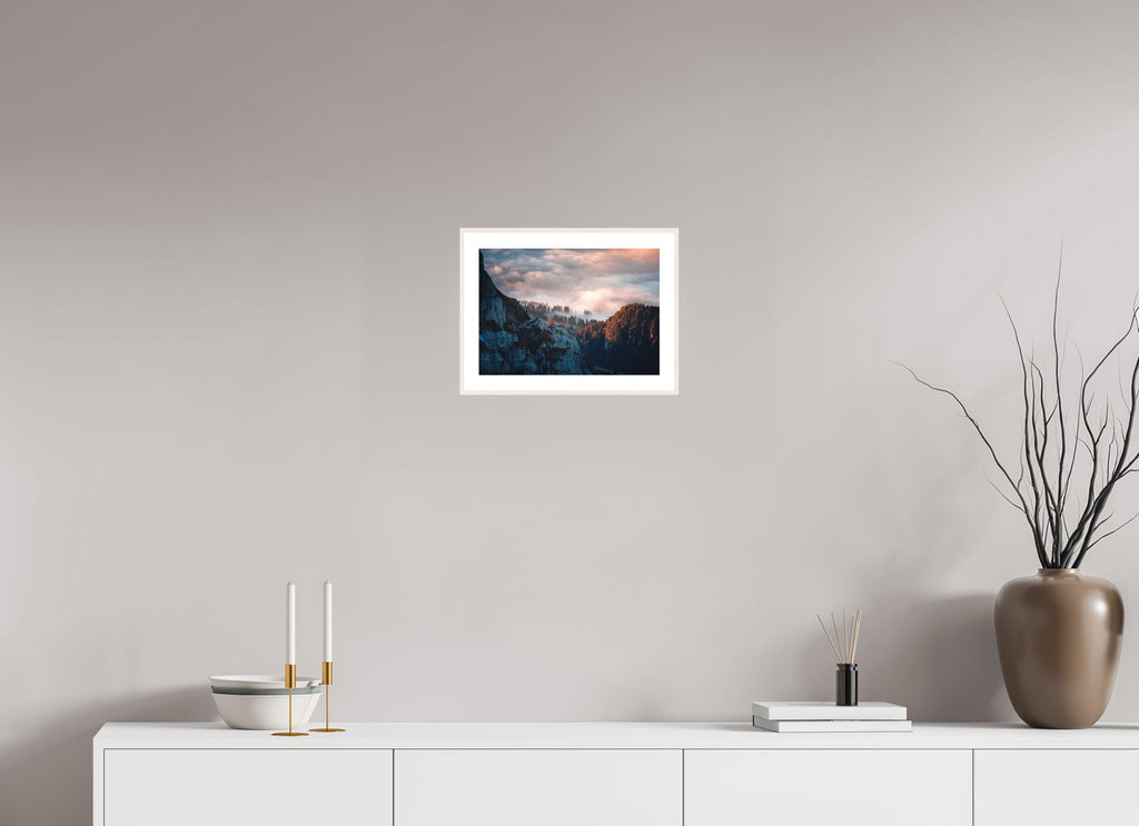 Säntis Forest Sunrise Light, 30 x 20 cm, framed Weiß