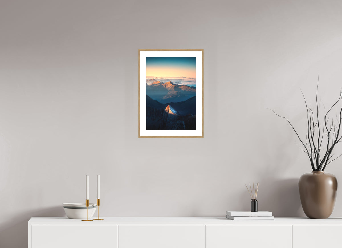 Säntis Peak Glow at Sunrise, Switzerland, 30 x 45 cm, framed Holzoptik