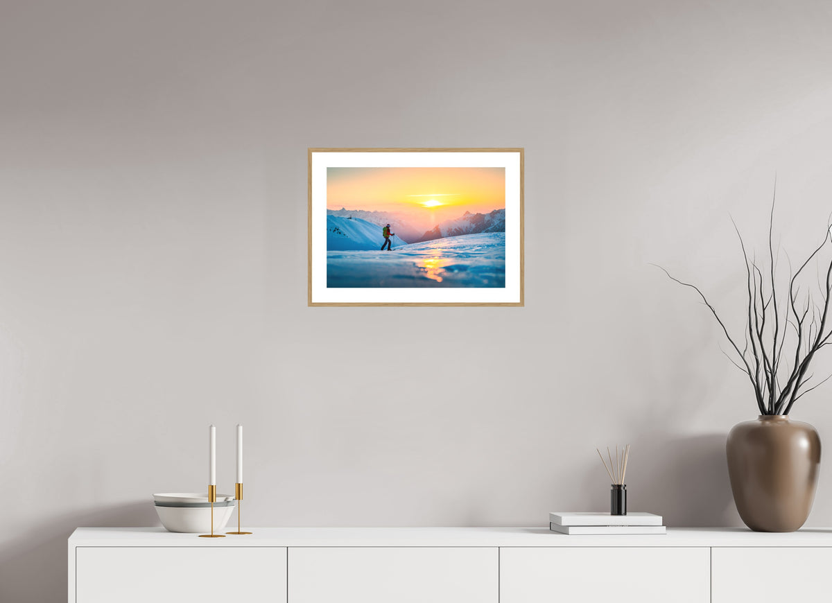 Ski Tour Sunset, Stuben Arlberg, 45 x 30 cm, framed Holzoptik