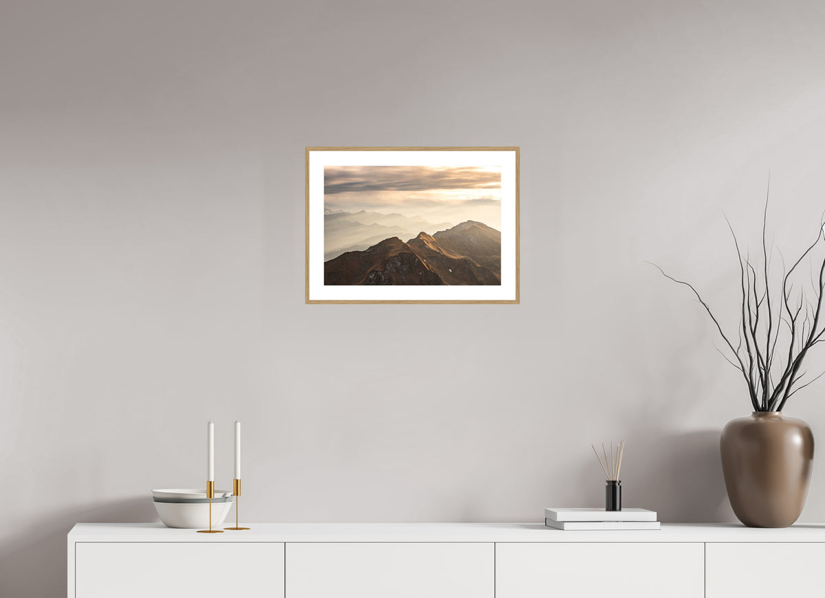 Alpine Cloud Inversion at Sunset, 45 x 30 cm, framed Holzoptik