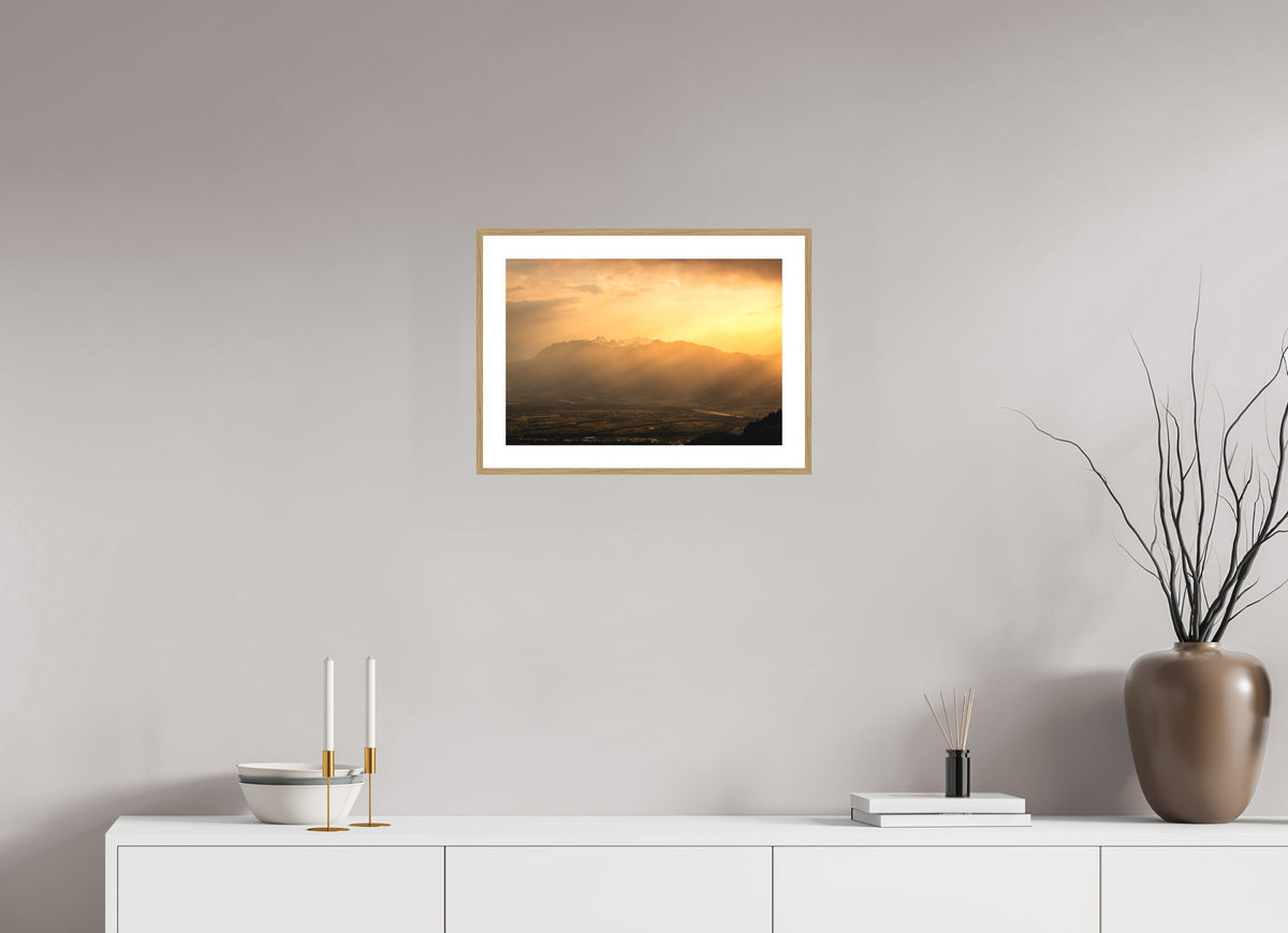 Hoher Kasten in Golden Light, Alpstein, 45 x 30 cm, framed Holzoptik