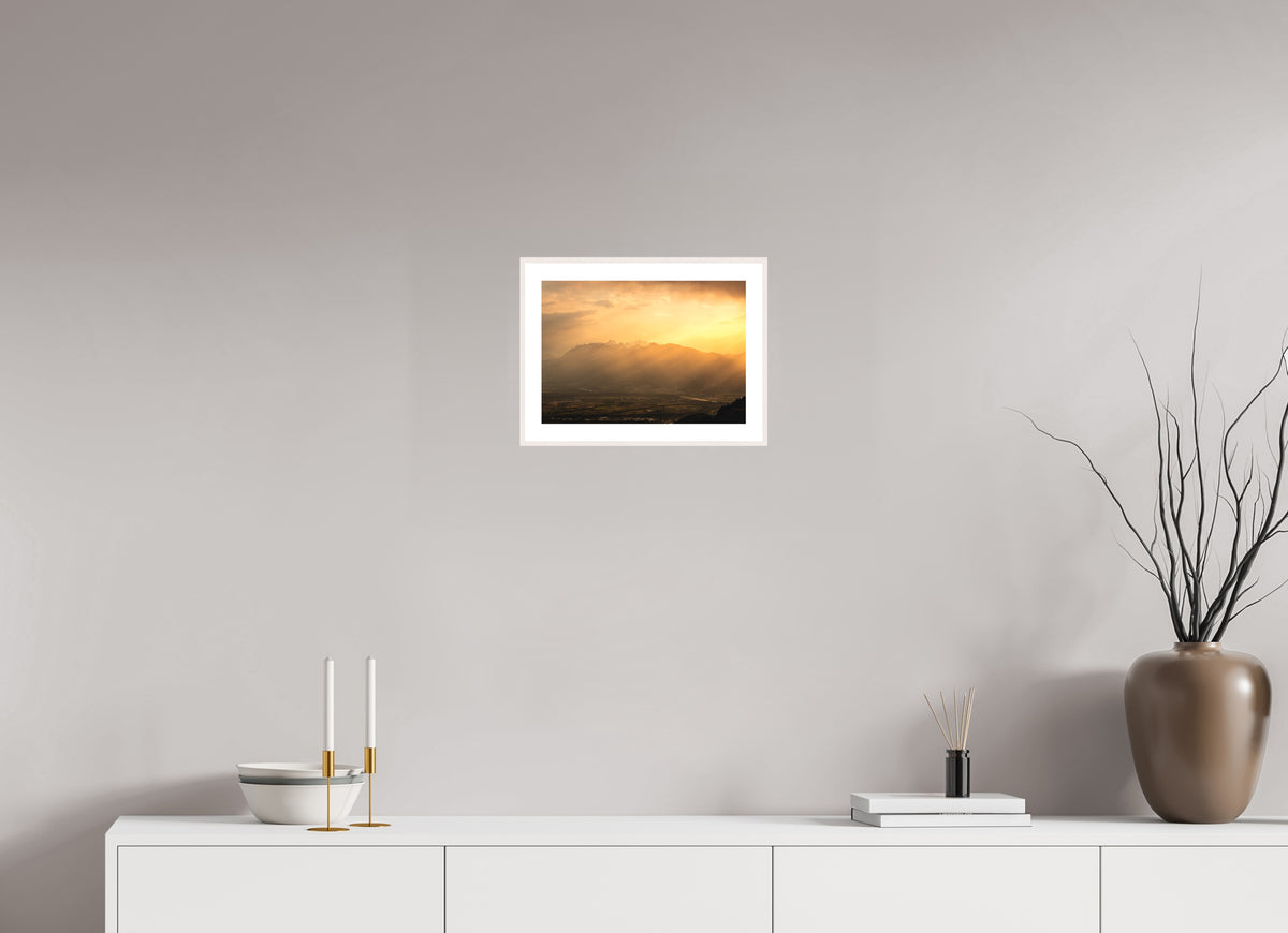 Hoher Kasten in Golden Light, Alpstein, 30 x 20 cm, framed Weiß