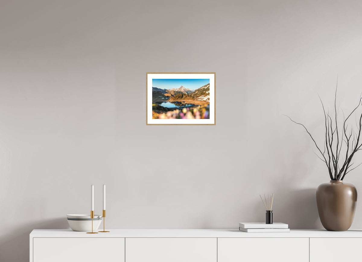 Körbersee Sunset, Warth Arlberg, 30 x 20 cm, framed Holzoptik