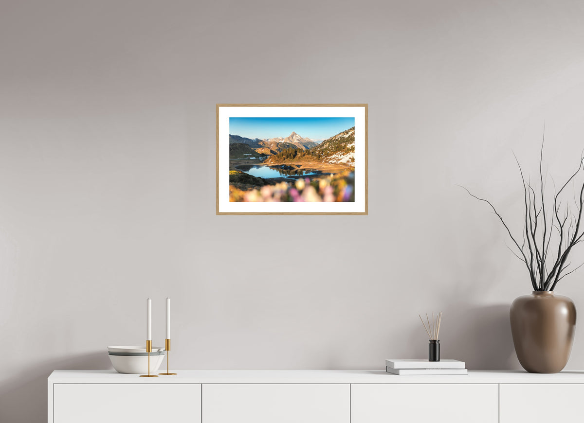 Körbersee Sunset, Warth Arlberg, 45 x 30 cm, framed Holzoptik