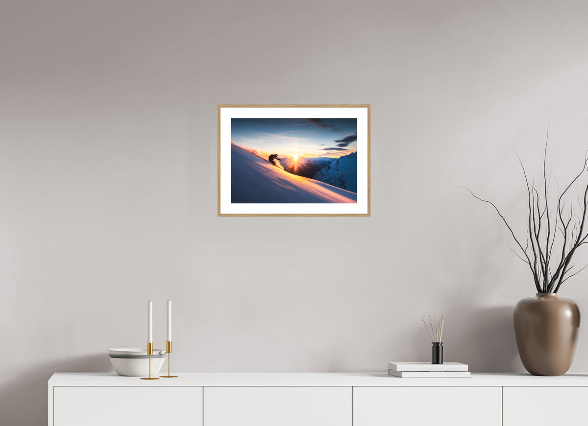 Ski Sunset at Trittkopf, Zürs Arlberg, 45 x 30 cm, framed Holzoptik