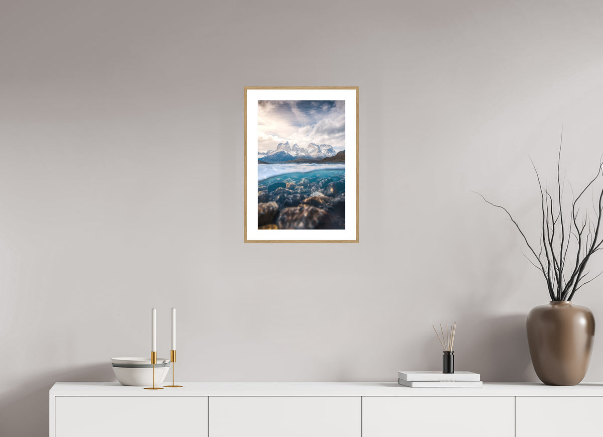 Torres del Paine, Reflection, 30 x 45 cm, framed Holzoptik
