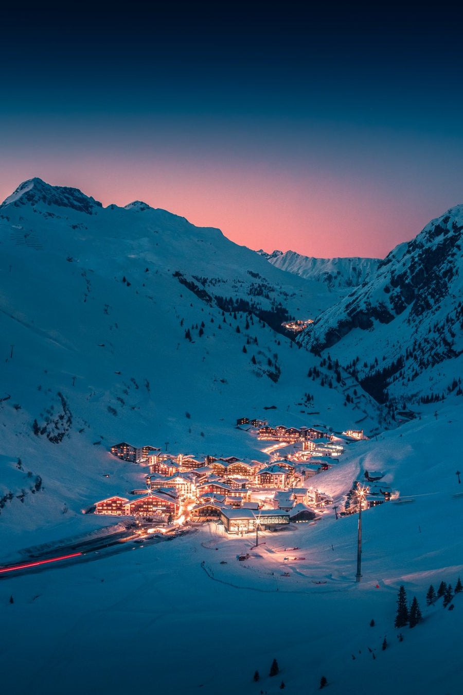 Zürs at blue hour in winter, 2019