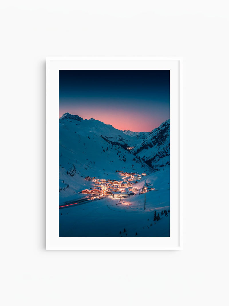 Afterhour Lights in Zürs, Arlberg, white frame