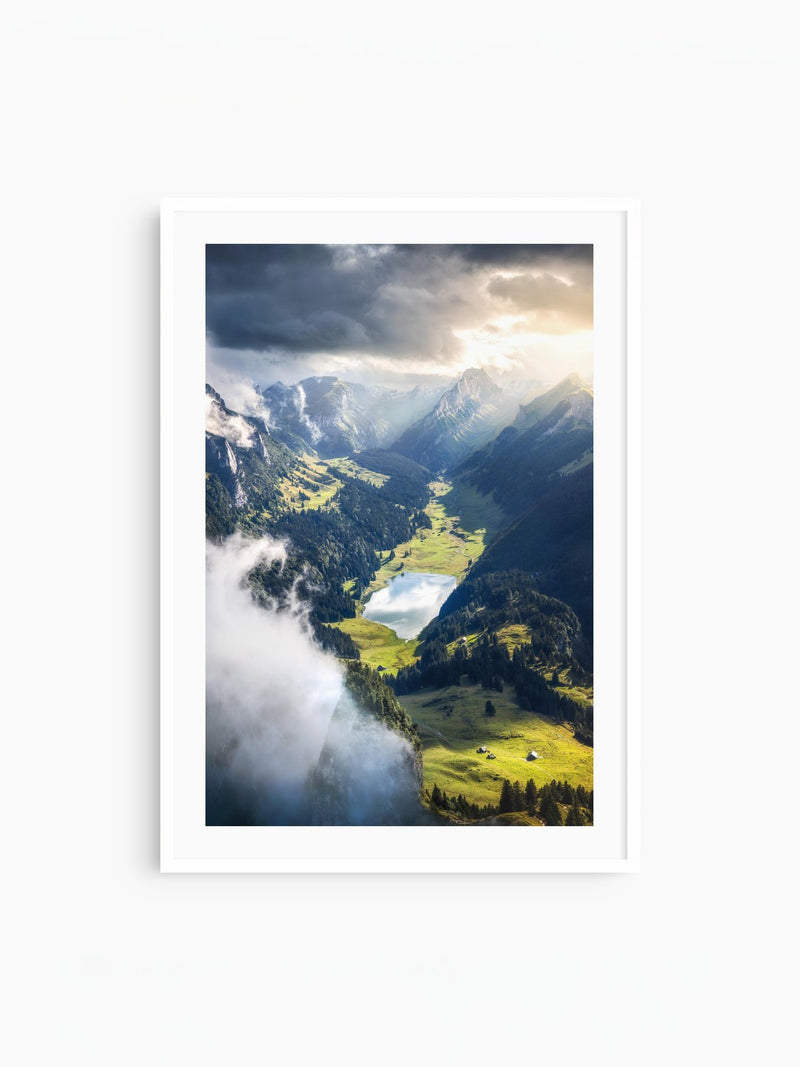 Alpine Valley and Lake, Hoher Kasten, white frame