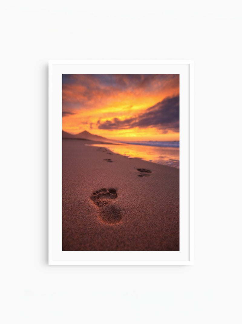 Footprints at Sunset, Cofete, Fuerteventura, white frame