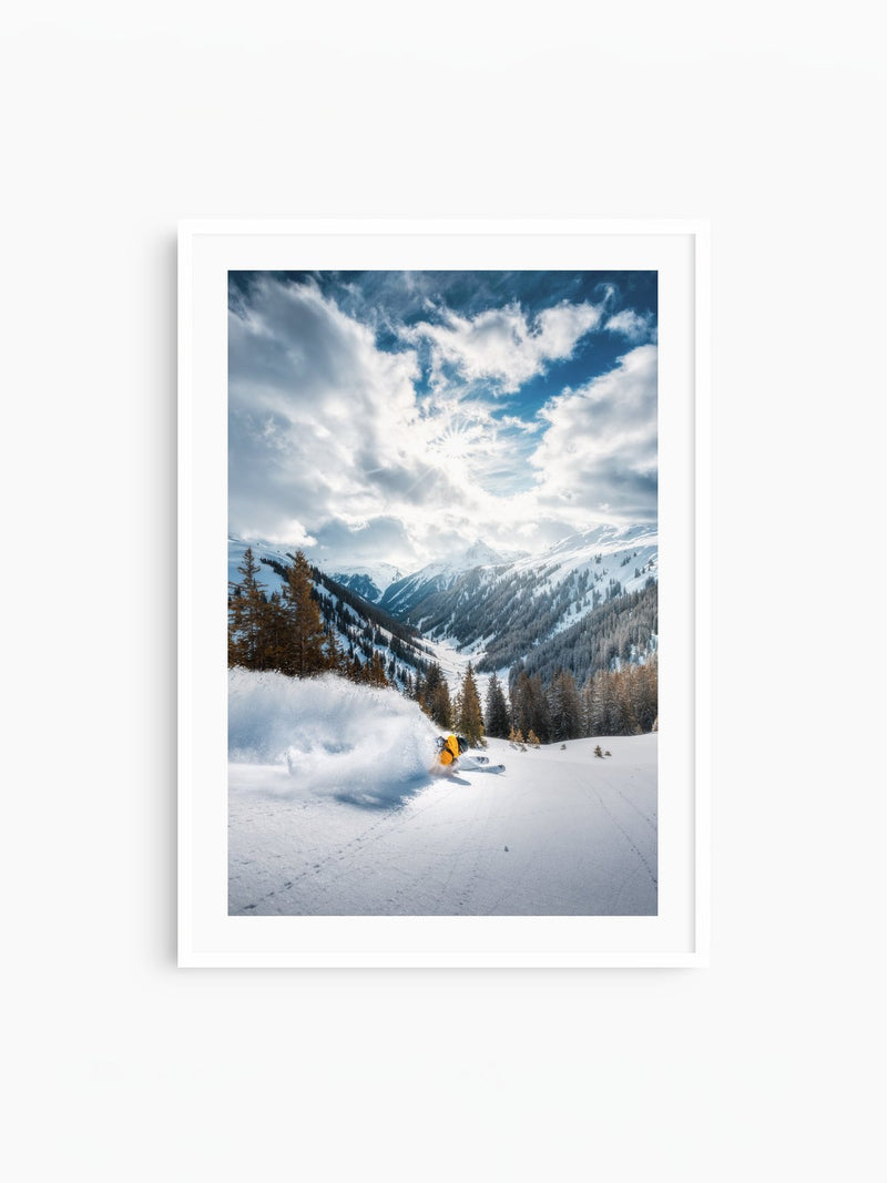 Freeride in Deep Powder, Arlberg, white frame