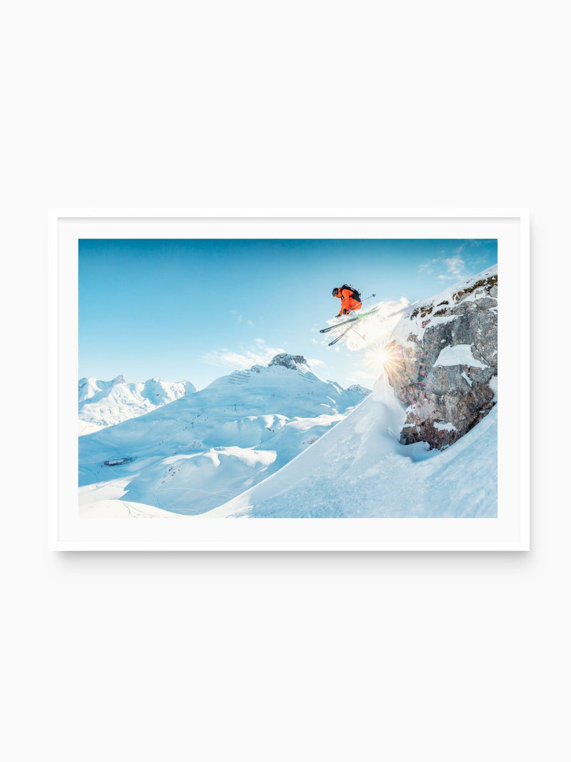Freeride Jump Over the Rocks, Zürs, white frame