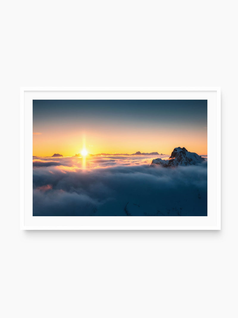 Golden Sunset Over the Clouds, white frame