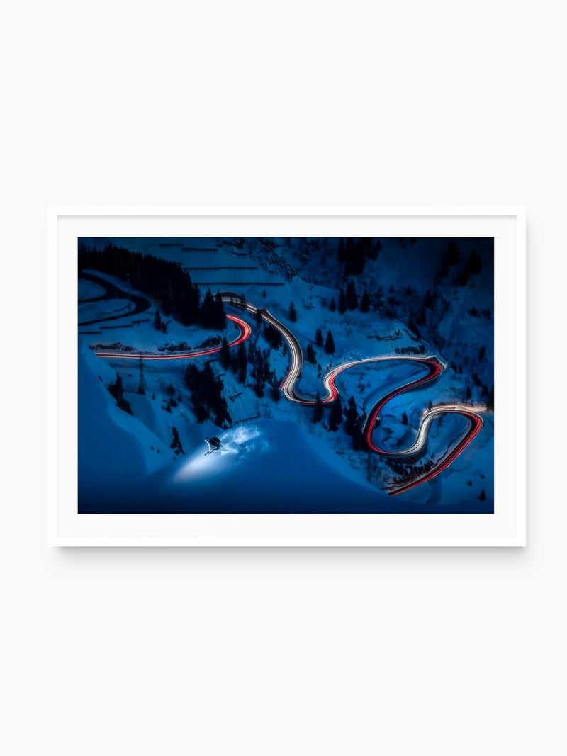Light Painted Skiing at Night, white frame