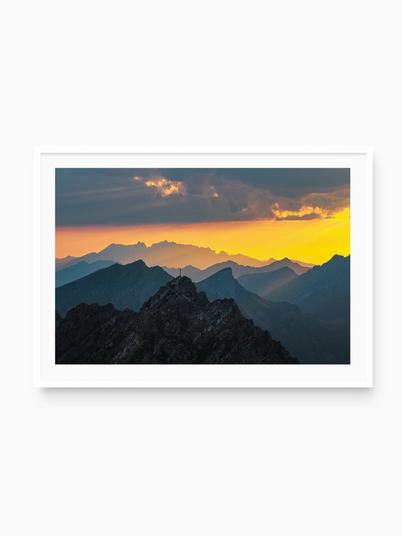 Mountain Silhouettes at Sunset, Bürstegg, white frame