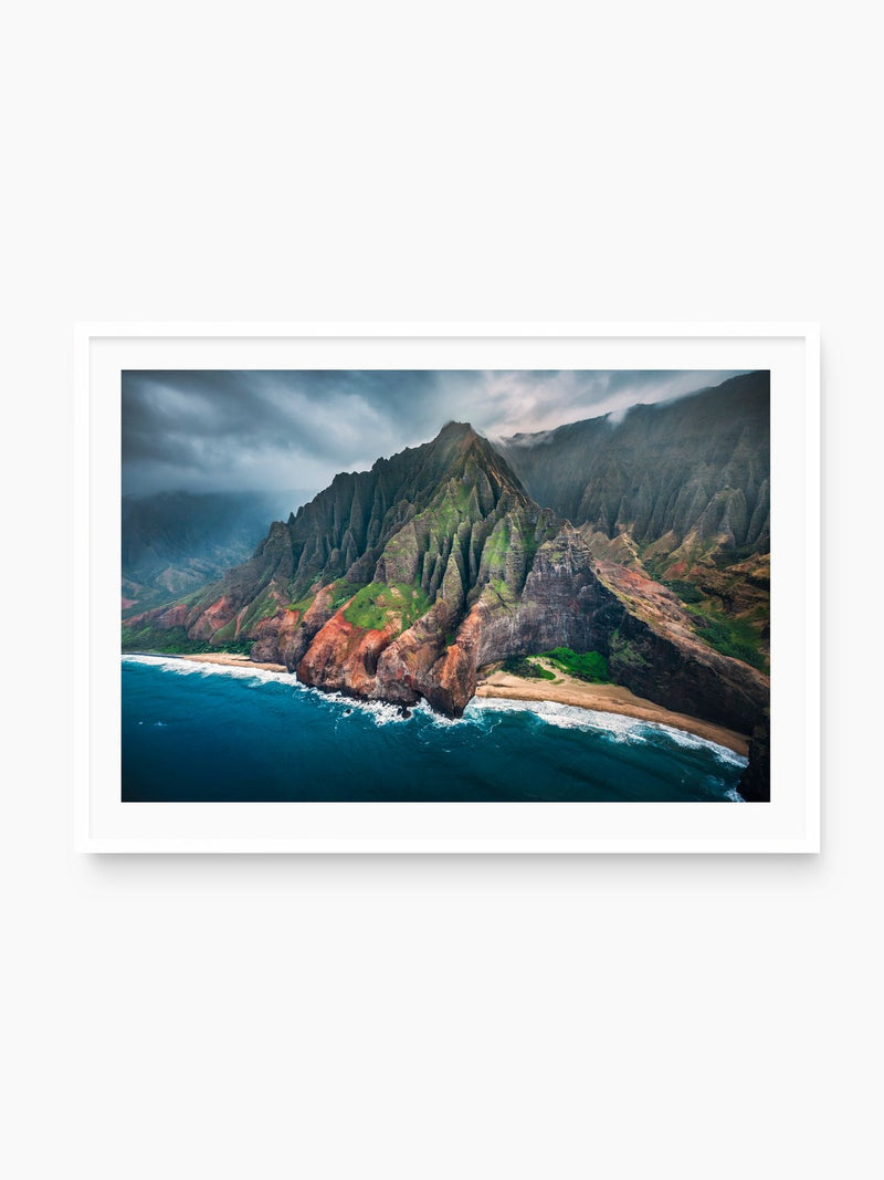 Napali Coast Cliffs, Kauai Hawaii, white frame