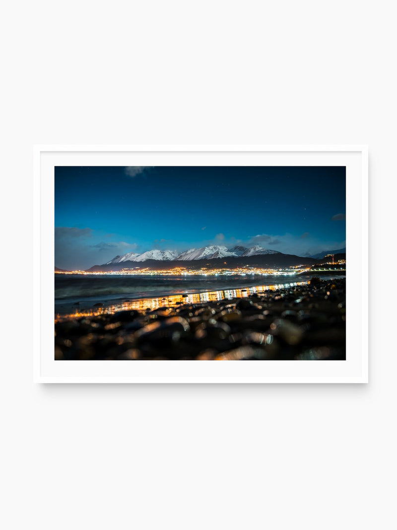 Ushuaia Night View, Argentine Patagonia, white frame