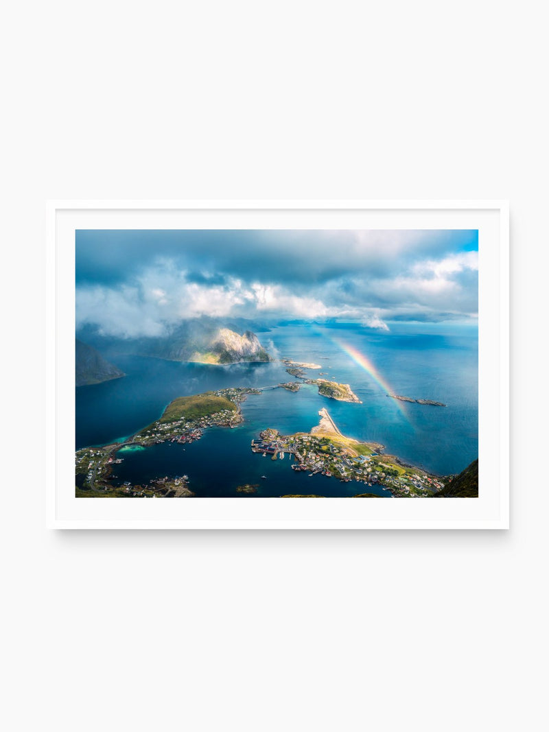 Rainbow over Reinebringen, Lofoten, white frame