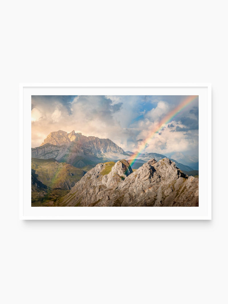 Rainbow over Rote Wand, Arlberg Alps, white frame